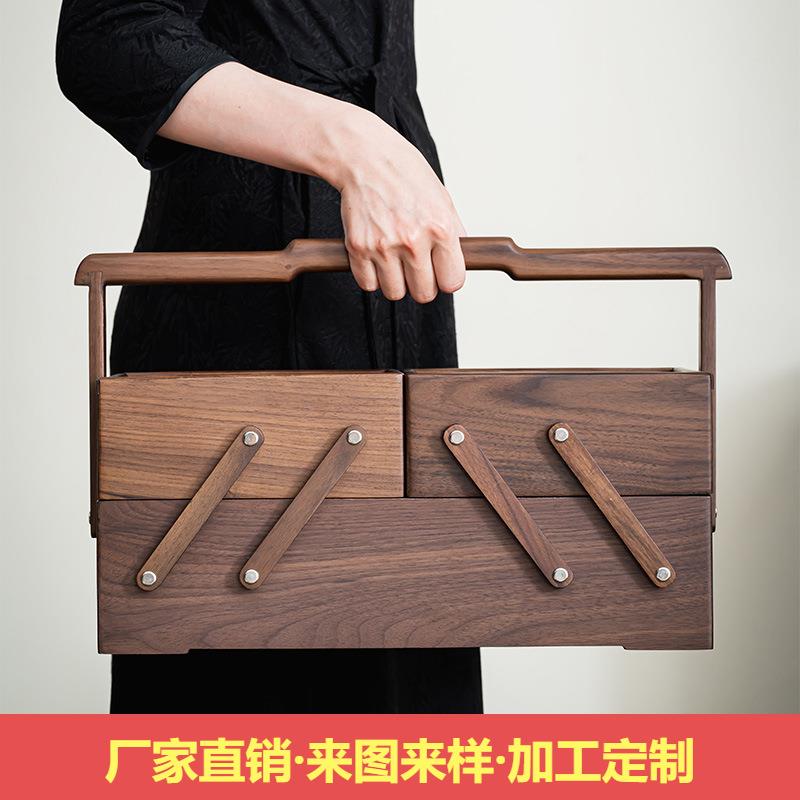黑胡桃实木多层手提盒户外便携食盒新中式茶盒茶具糕点点心收纳盒