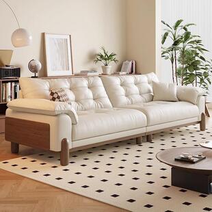 靓佳家具云朵真皮沙发黑胡桃色白蜡木直排大小户型中古风皮艺沙发