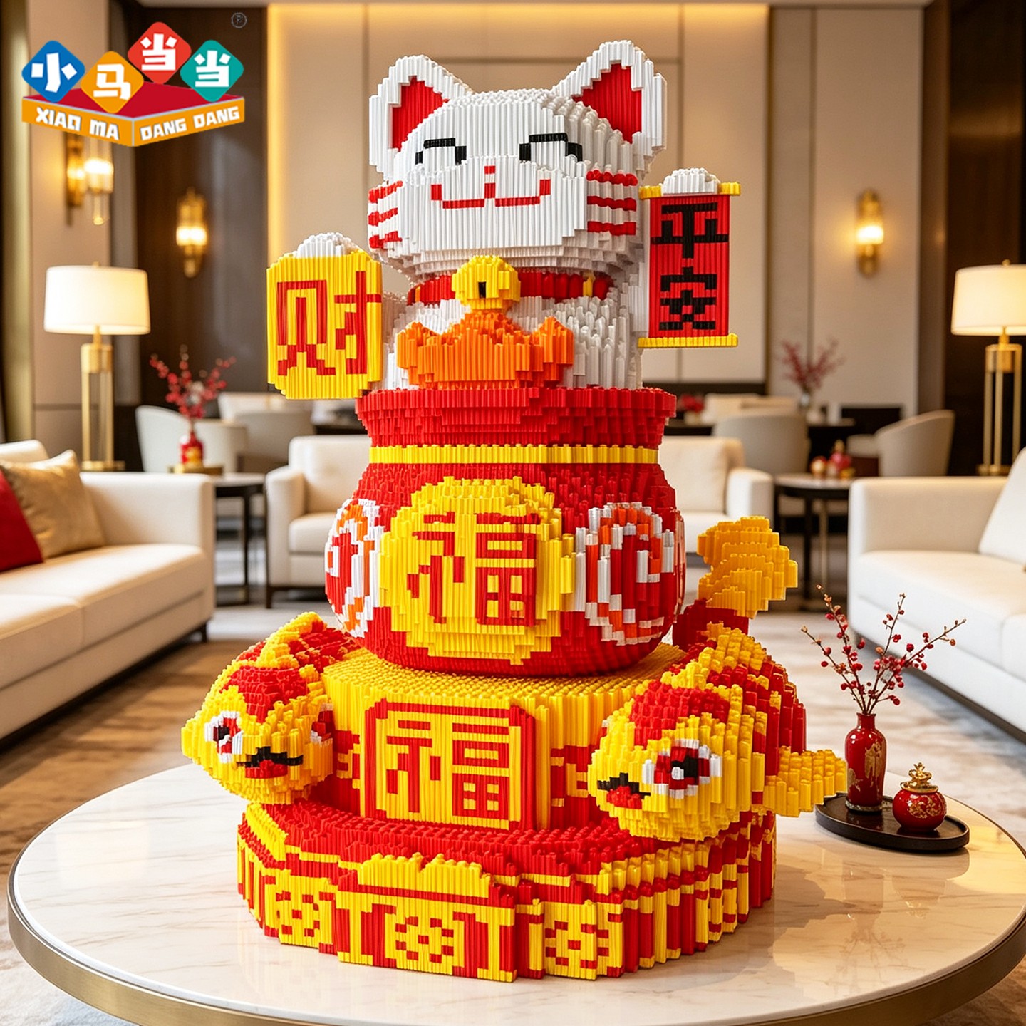 小马当当超大招财猫福袋积木拼装玩具儿童成人立体益智礼物摆件