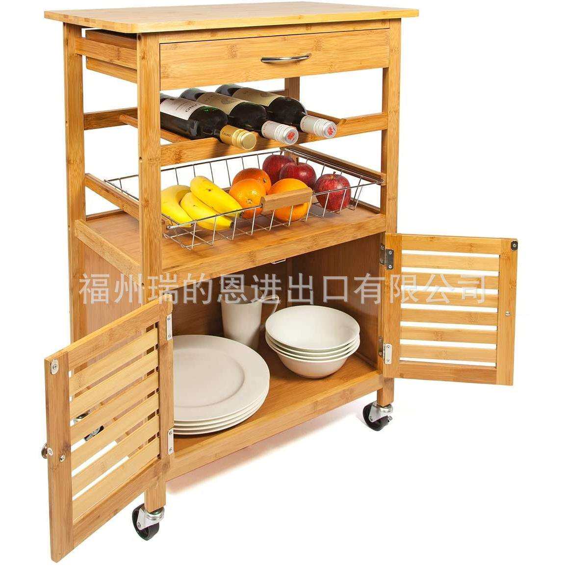 欧美竹制厨房移动餐车带储物柜带酒架带铁篮抽屉移动
