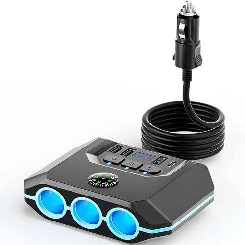 新款TR52车载点烟器一拖三带开关电压显示4USB汽车点烟器充电120W