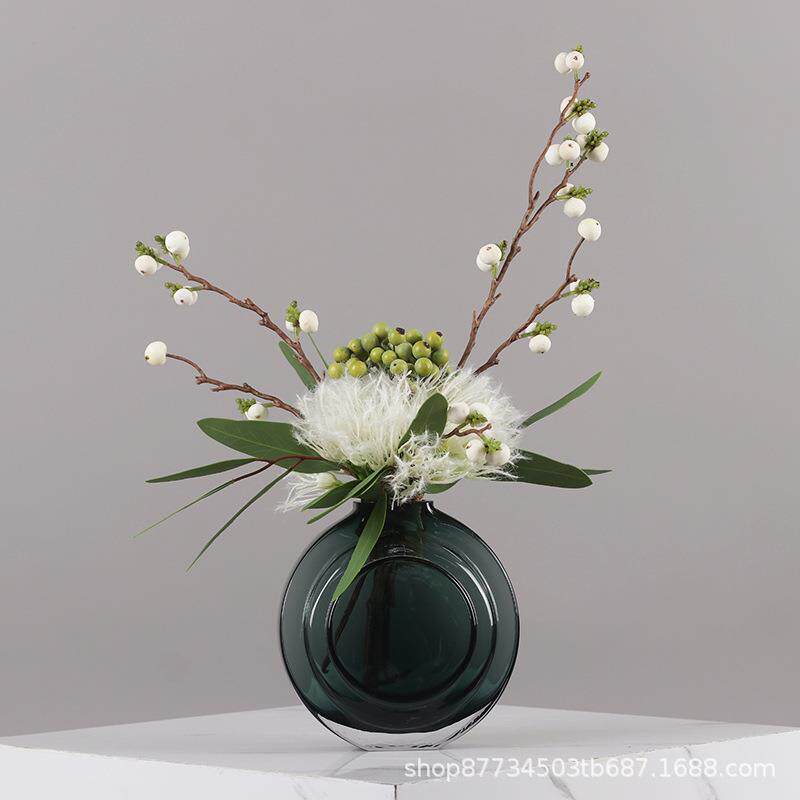 现代简约墨绿玻璃花瓶仿真花艺客厅餐桌样板间家居插花器装饰摆件