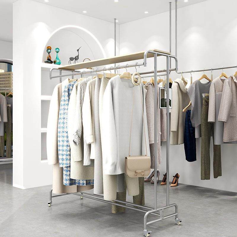 服装店展示架双排衣服架货架双杠侧挂衣架不锈钢中岛架落地架