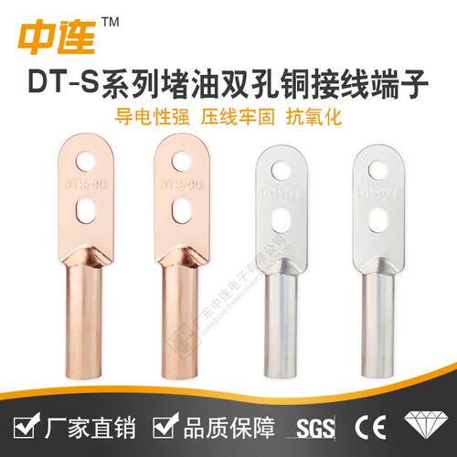 中连DT-S双孔铜鼻子70/95/120/240/400紫铜堵油镀锡电缆接线端子