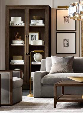 RH美式乡村实木家具灰色复古沙发单人位实木沙发客厅家具