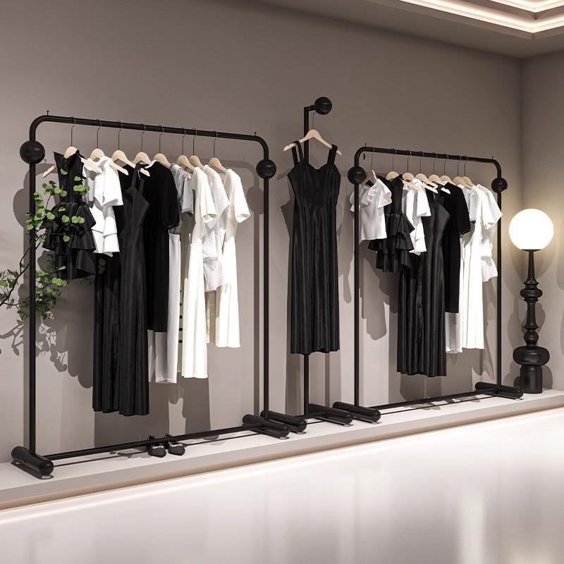 女装店铺货架服装店中岛展示架落地式简约铁艺黑色专用双排挂衣架
