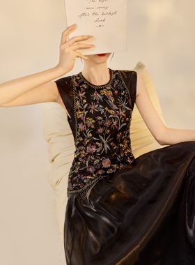 新中式高级重工亮片流苏刺绣背心国风气质纯色半裙马甲套装 N6095