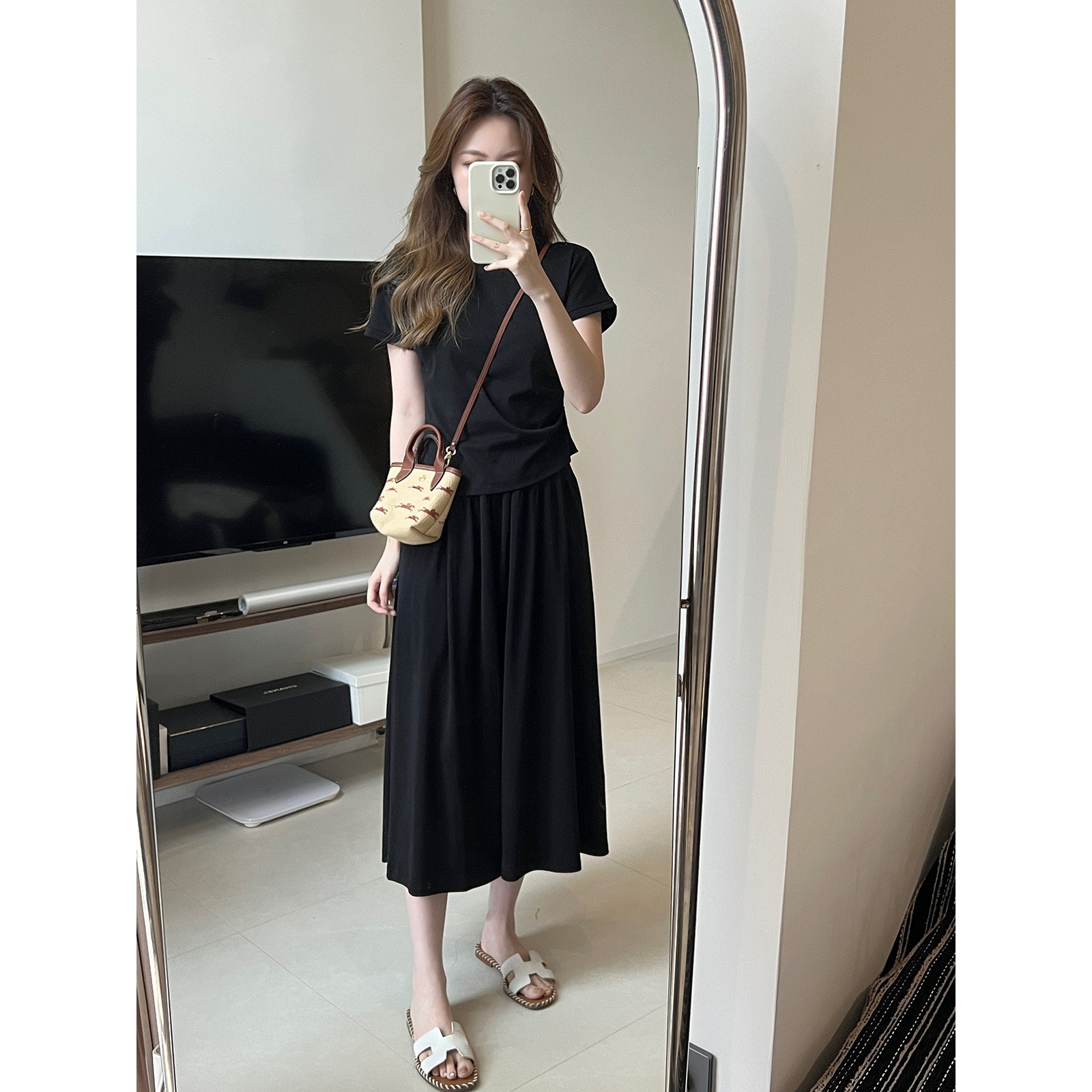 夏季薄款小众高级感极简风正肩捏褶短袖上衣A字松紧腰半身裙套装,女装/女士精品,大码套装,淘宝优惠券,粉丝福利购,淘宝优惠卷