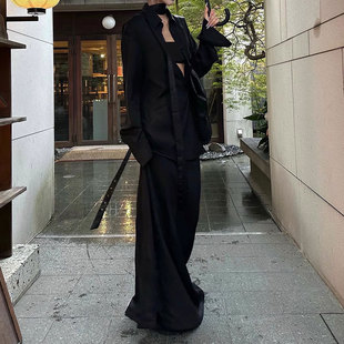 现货0122ste 高岭之花黑色翻领衬衫夏季气质高级感长款半身裙套装