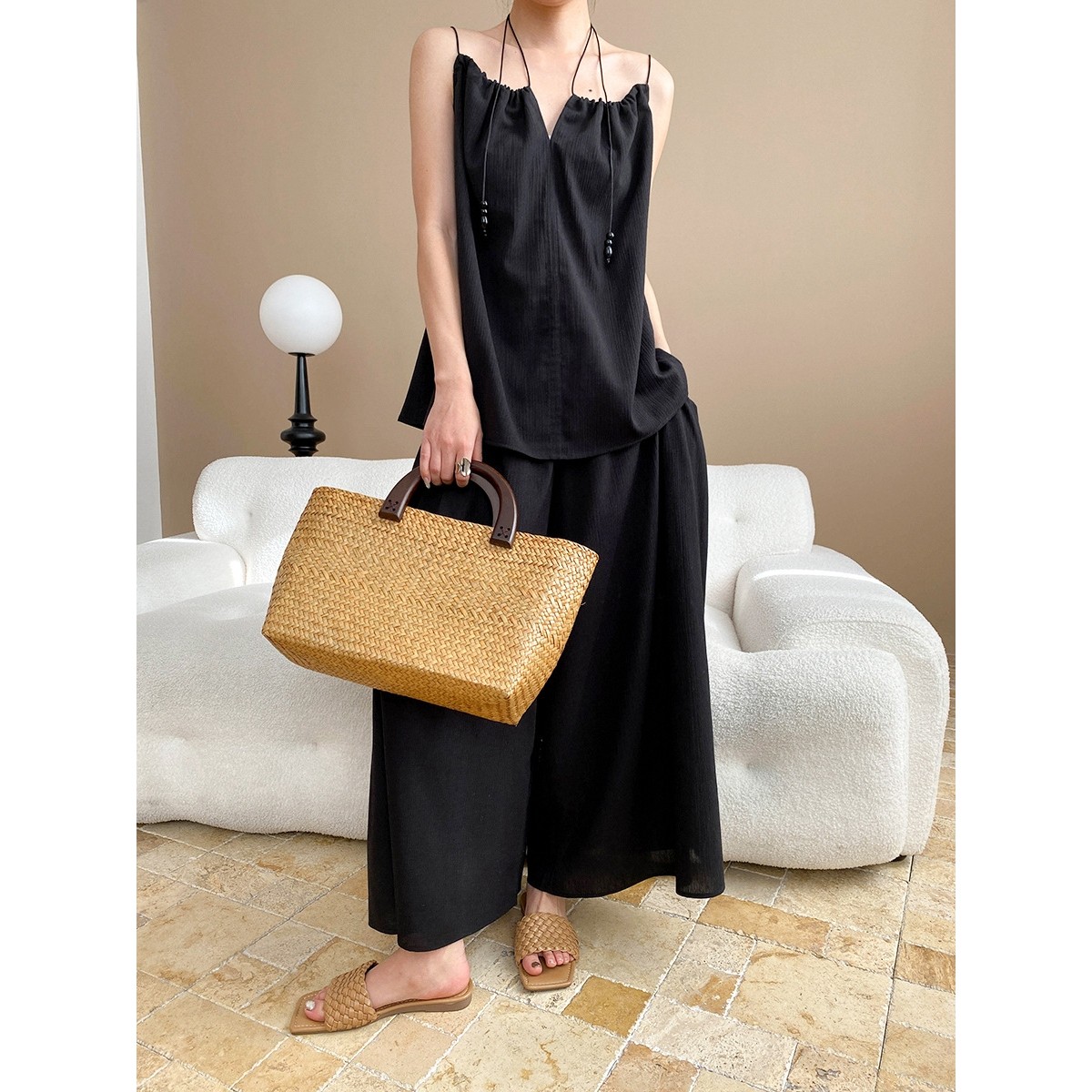 司南 慵懒假期 亚麻混纺法式度假风抽绳吊带裙裤两件套装 SN6877,女装/女士精品,大码套装,淘宝优惠券,粉丝福利购,淘宝优惠卷