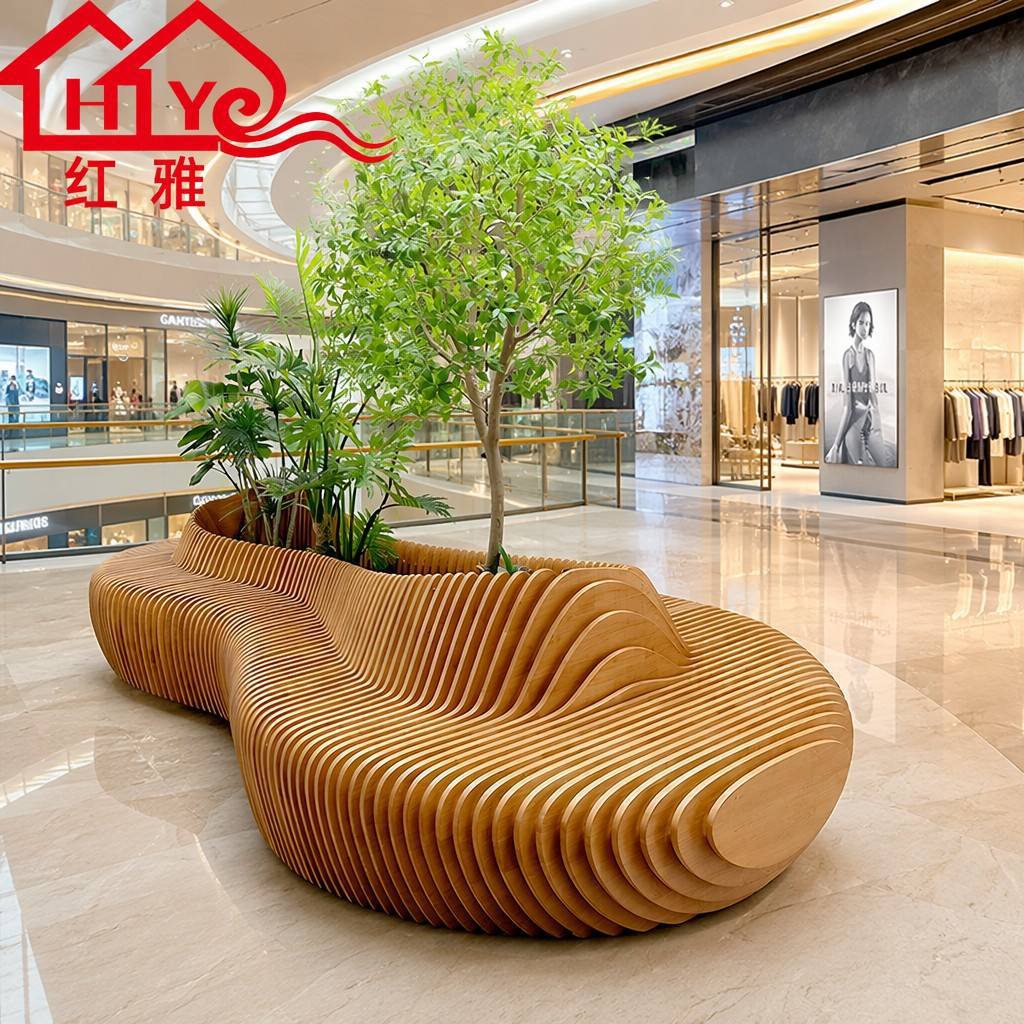 实木切片花池坐凳商场造景大花坛弧形树池座椅室内休闲椅等候椅