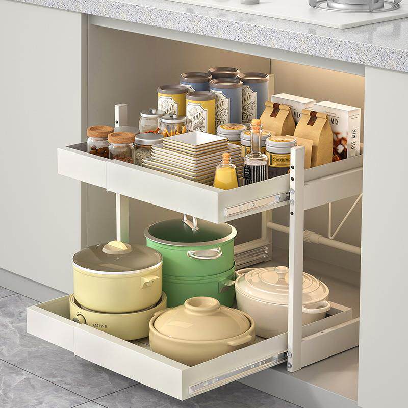 厨房可伸缩收纳架免打孔抽屉式橱柜碗碟调料拉篮下水槽抽拉置物架