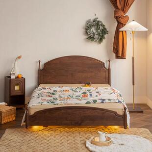 北欧黑胡桃实木儿童悬浮床复古简约日式住宅卧室家具樱桃木双人床