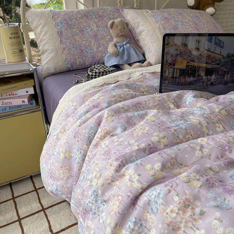 2026新款法式花边油画风100全棉A类双层纱床单款四件套小清新