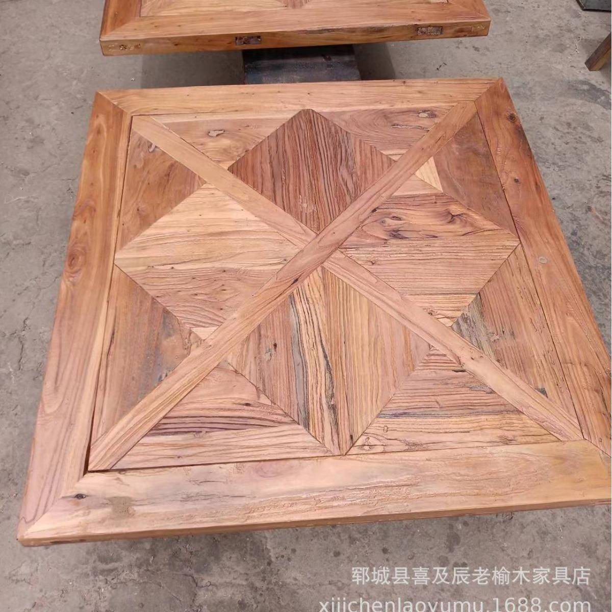 厂家供应老榆木实木咖啡桌子老门板茶桌风化纹理拼花实木方桌圆桌