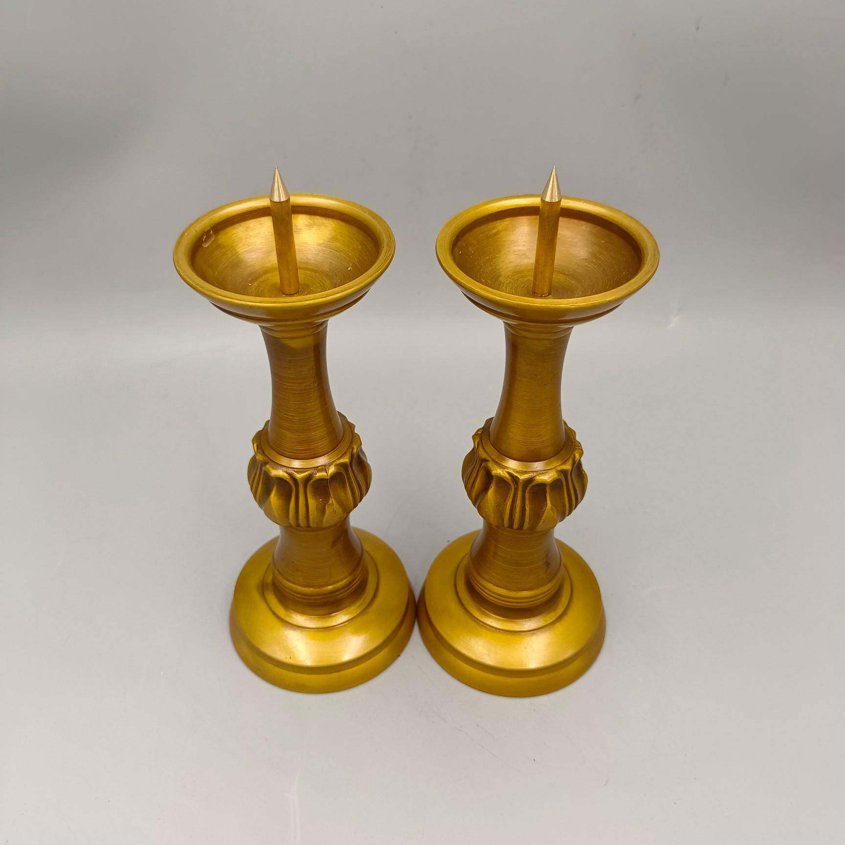 古韵斋 仿古烛台摆件 莲花铜蜡台一对 家居装饰工艺品 古玩