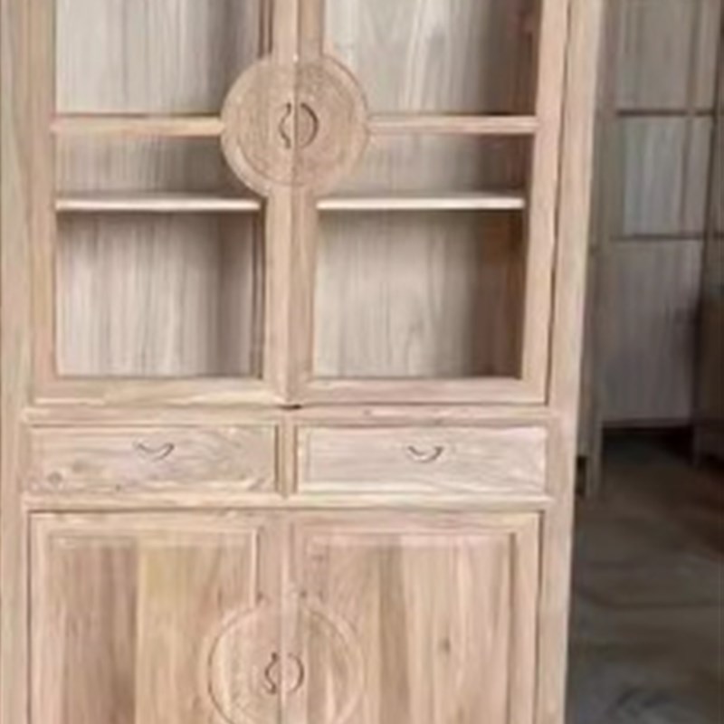 北方老榆木实木书柜白茬白胚坯落地新中式书架家具组合展示柜书橱