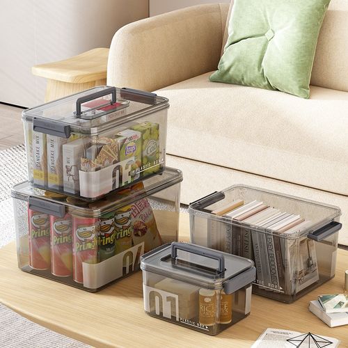 家用透明带提手PET收纳箱可叠放高透明寝室杂物衣物分类整理箱子