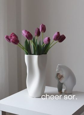 【高端】白色陶瓷花瓶曲面不规则造型鲜花干花桌面摆件家居饰品