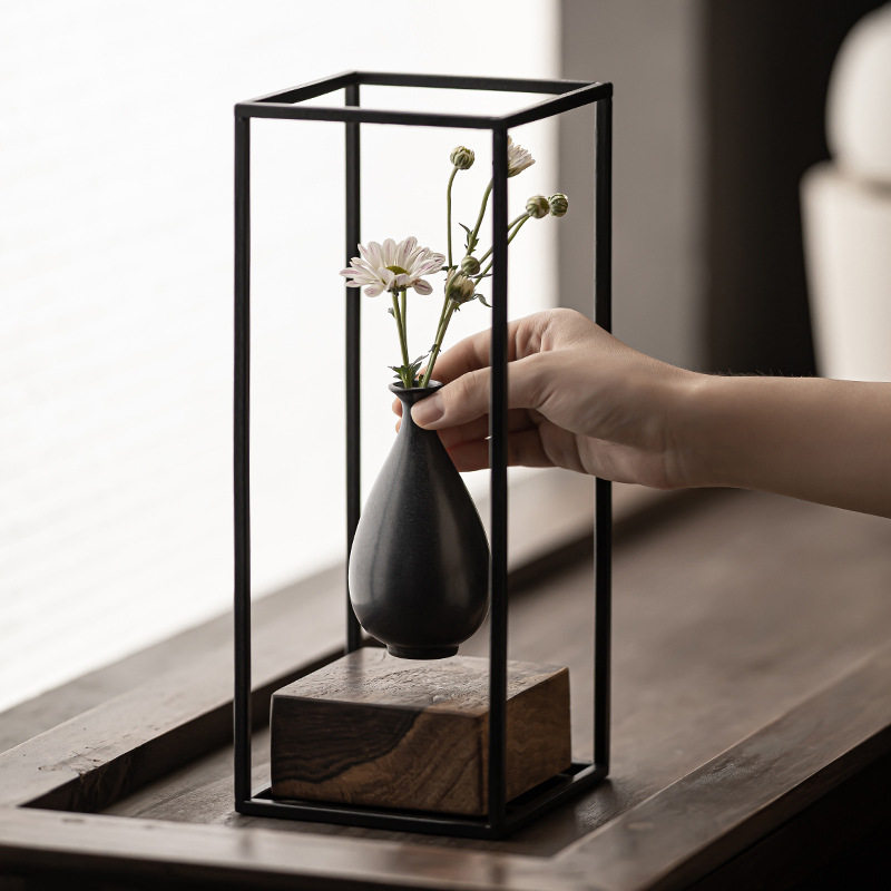 创意铁艺实木花器展架茶空间装饰摆件花架茶棚玻璃罩烛台