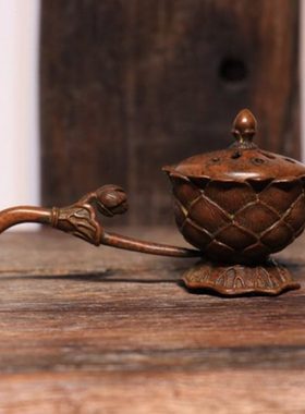 纯铜手工仿古实心紫铜茶宠小物件 手持莲花熏香炉手把件 茶道摆件