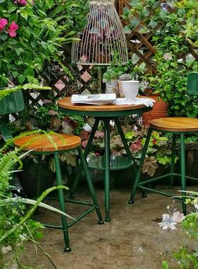 K8阳台桌椅组合简约休闲实木小圆桌花园户外庭院奶茶店铁艺室内桌