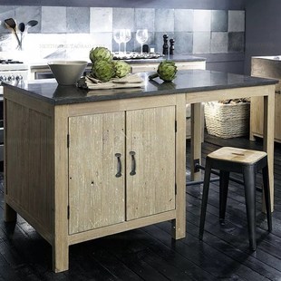 美式 实木中岛台厨房备餐桌料理台大理石餐边柜储物柜原木做旧碗柜