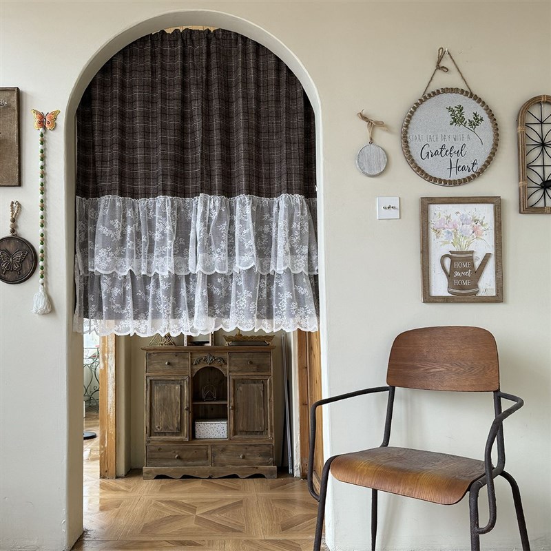 格纹时光旋律门帘复古格子挂钩轨道帘窗帘免打孔穿杆粘贴魔术贴