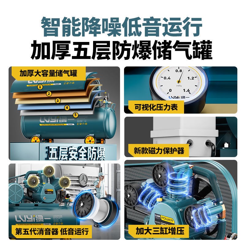 绿一皮带空压机工业级380V大型高压打气泵汽修喷漆空气压缩机220V