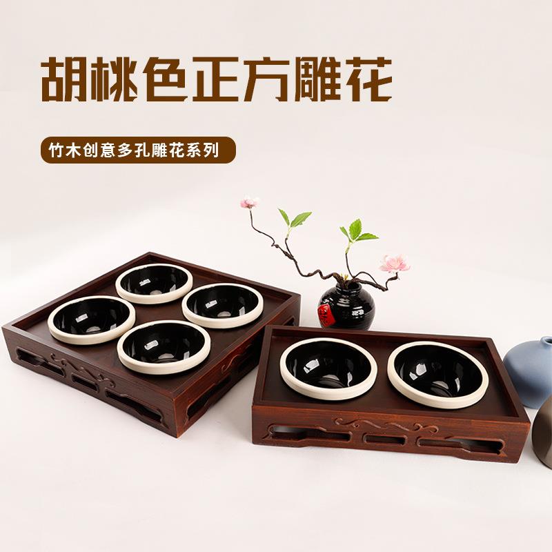 胡桃色竹木雕花拼盘餐具竹木分隔餐盘轻复古时尚餐具创意火锅菜盘