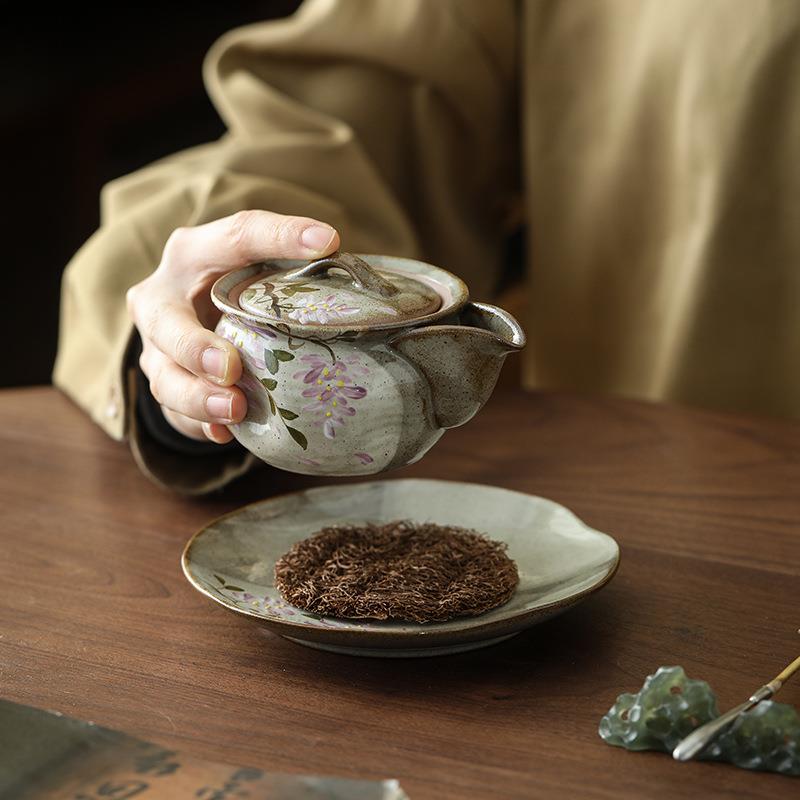 复古手绘紫藤花粗陶茶壶单壶女士手抓壶陶瓷茶具宝瓶壶家用泡茶壶