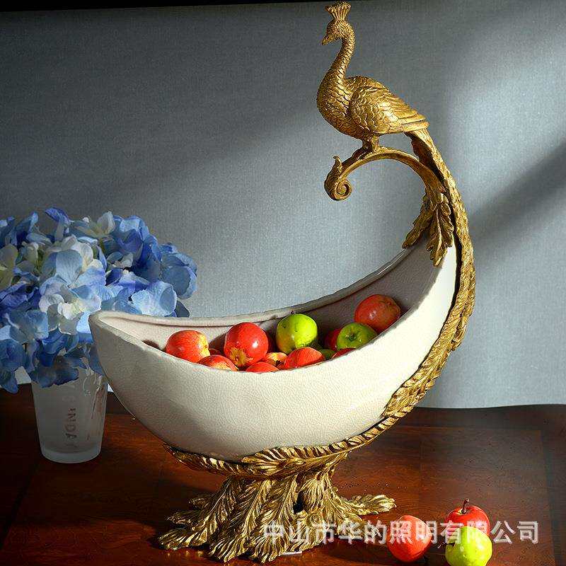 美式欧式简约现代陶瓷配铜红色白色客厅餐厅水果盘别墅装饰摆件