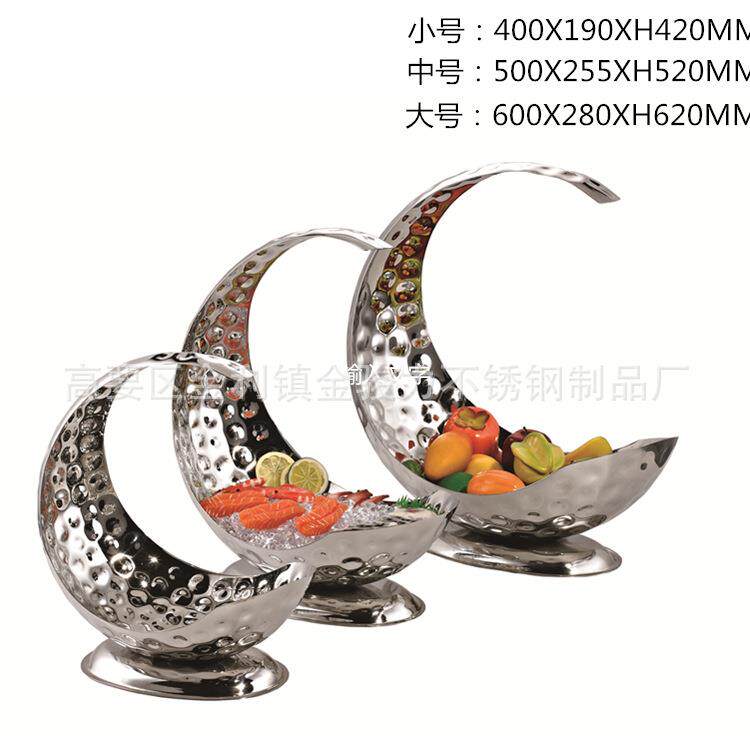 厂家直销不锈钢创意水果蓝锤印半圆形刺身盘酒店自助餐料理盘架