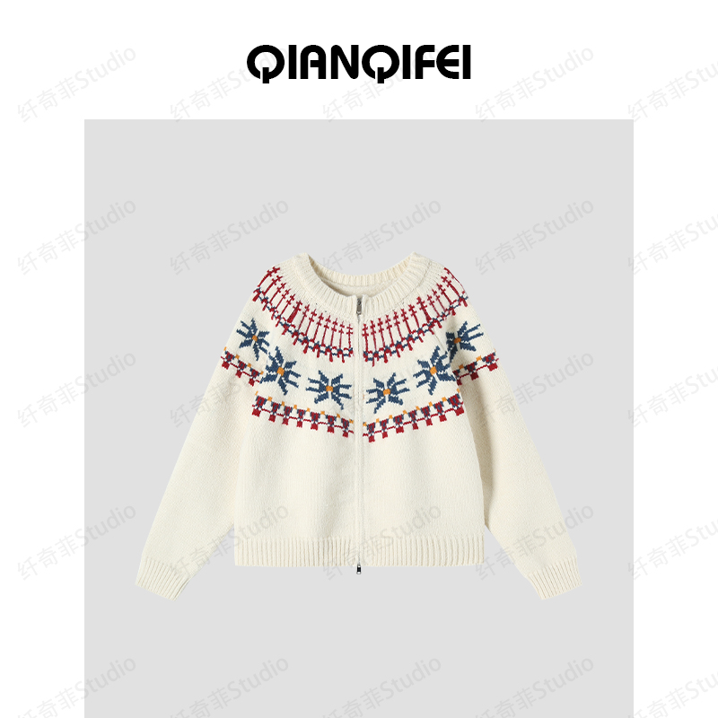 12.9F【纤奇菲】新款北欧复古雪花提花宽松毛衣开衫 81003-5122