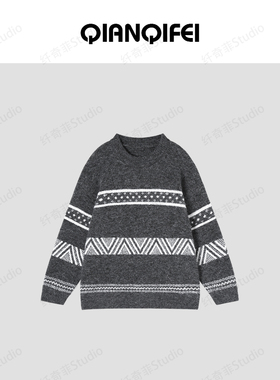 1.17F【纤奇菲】新款慵懒风提花几何条纹圆领毛衣 81075-1126