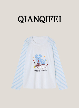 3-13F【纤奇菲】新款卡通印花拼条纹长袖T恤 81006-26039