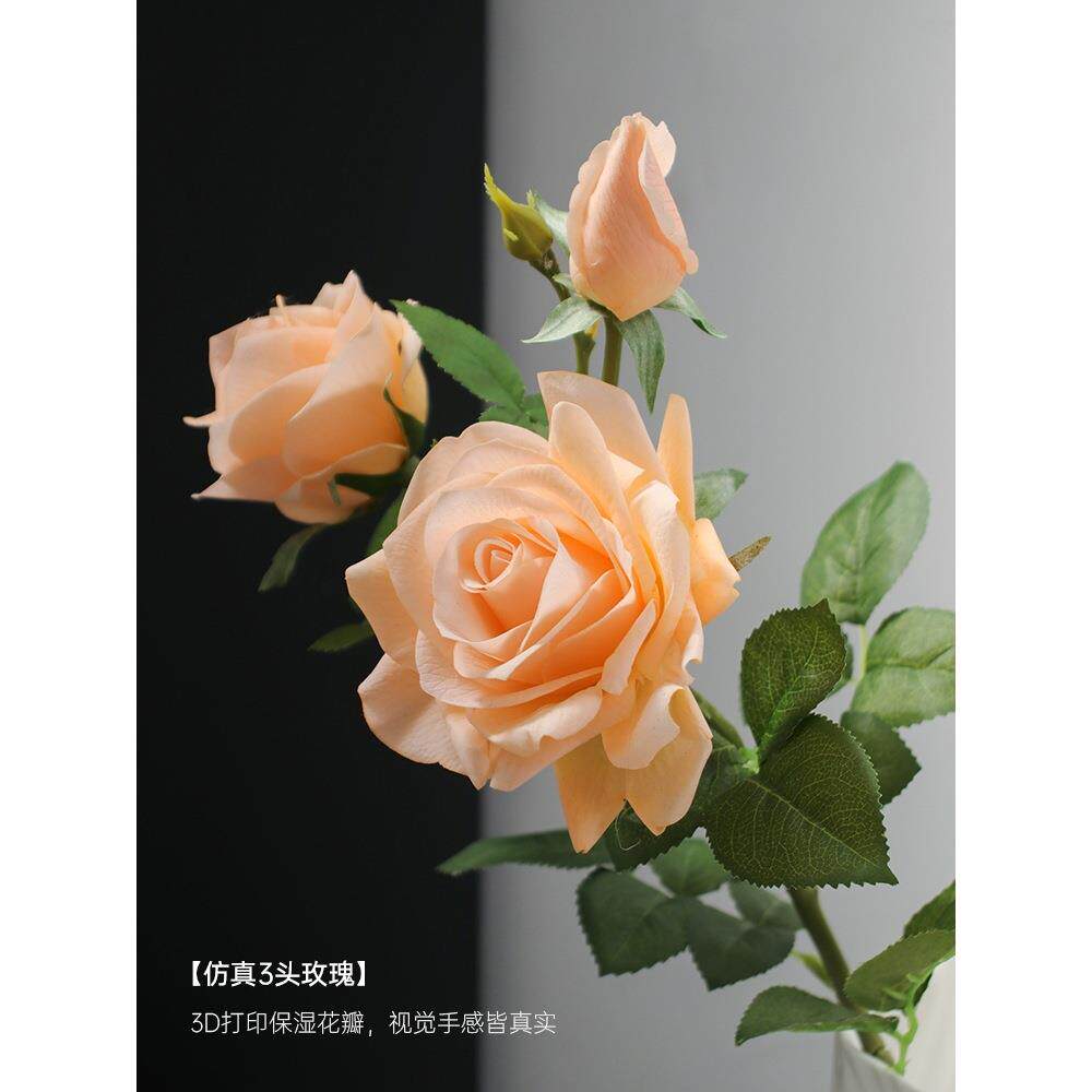 保湿三头玫瑰花花单支手捧花假花客厅插花摆件餐桌花摆花