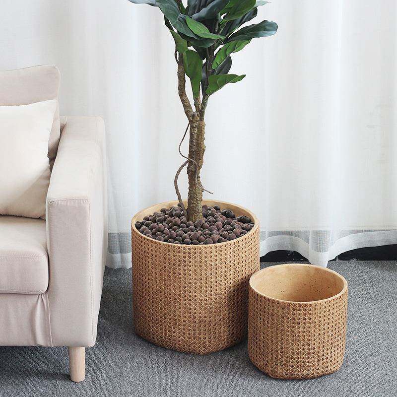 北欧水泥花盆客厅落地大号简约室内盆栽创意个性仿编织竹编盆器
