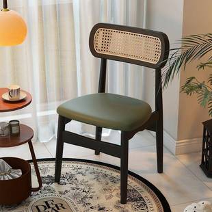 法式复古全实木餐桌椅靠背餐椅中古休闲家用藤编软包椅子网红凳子