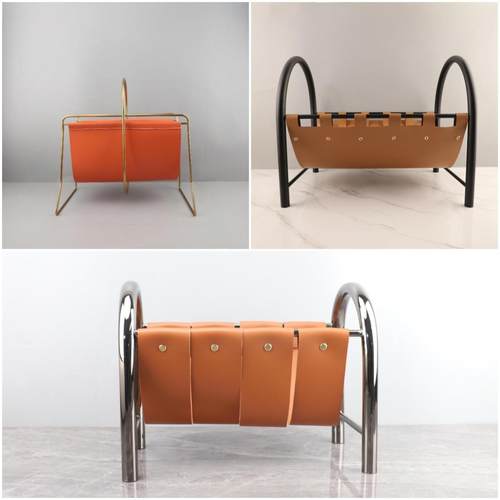 现代简约吊带柳钉皮革金属杂志架摆件客厅书房茶几样板房家居饰品