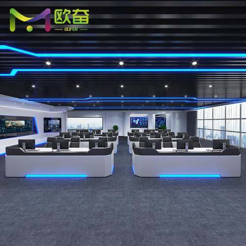烤漆操作台培训办公桌椅现代科技感带电源弧形指挥控制监控台