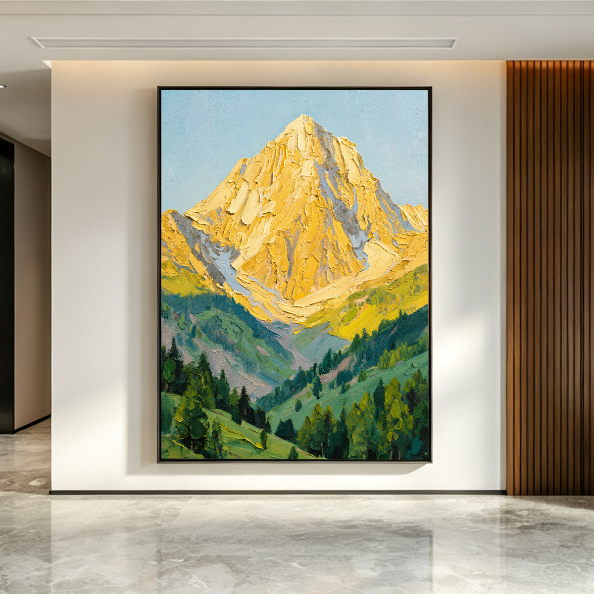 手绘日照金山客厅沙发背景墙挂画图片