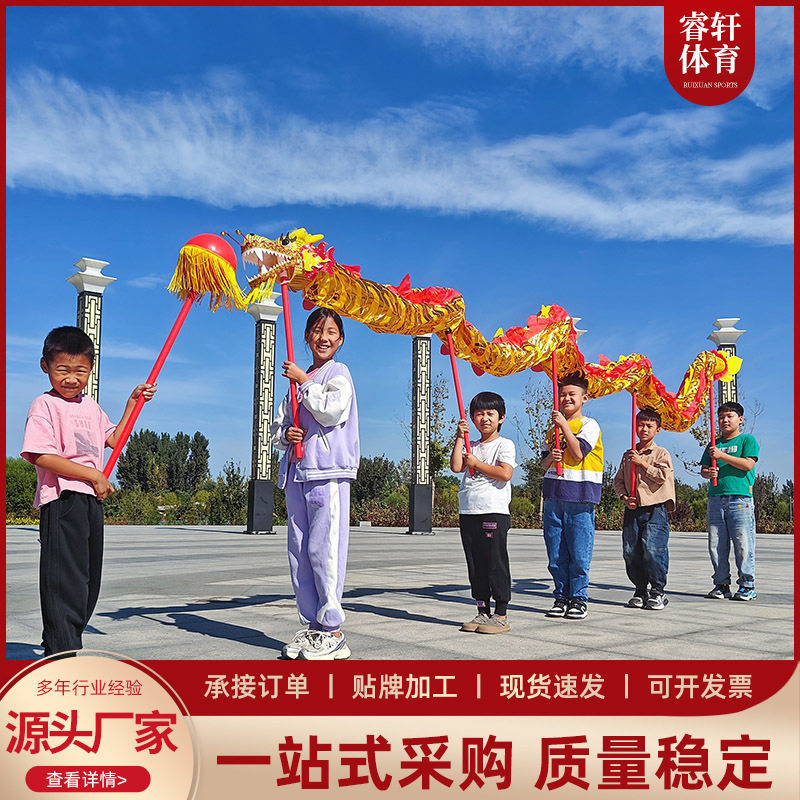 传统舞龙道具儿童多人舞龙舞台节日表演道具整套带龙头烫金舞龙