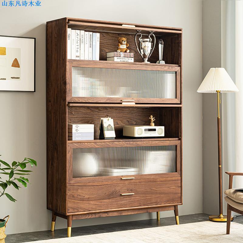 北欧轻奢黑胡桃实木书柜简约现代防尘玻璃翻门收纳储物书架展示柜