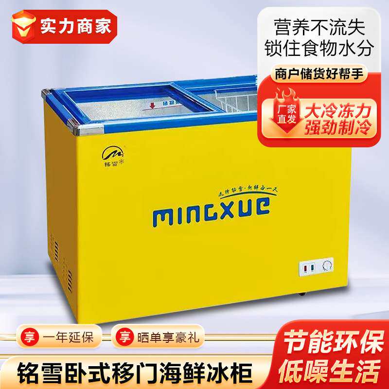 铭雪卧式玻璃移门海鲜冰柜商用冰箱雪糕冰淇淋冷饮柜超市冷冻岛柜