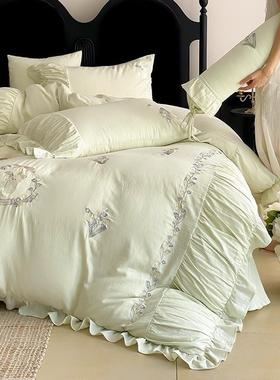 清新A类全棉双层纱四件套纯棉可爱铃兰兔刺绣被套床上用品绿紫色