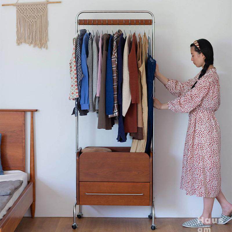 移动落地实木挂衣架卧室衣服衣帽架家用轻奢不锈钢收纳衣架置物架