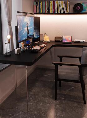 亚克力转角书桌家用黑色实木电脑桌l型拐角办公桌学生卧室写字桌