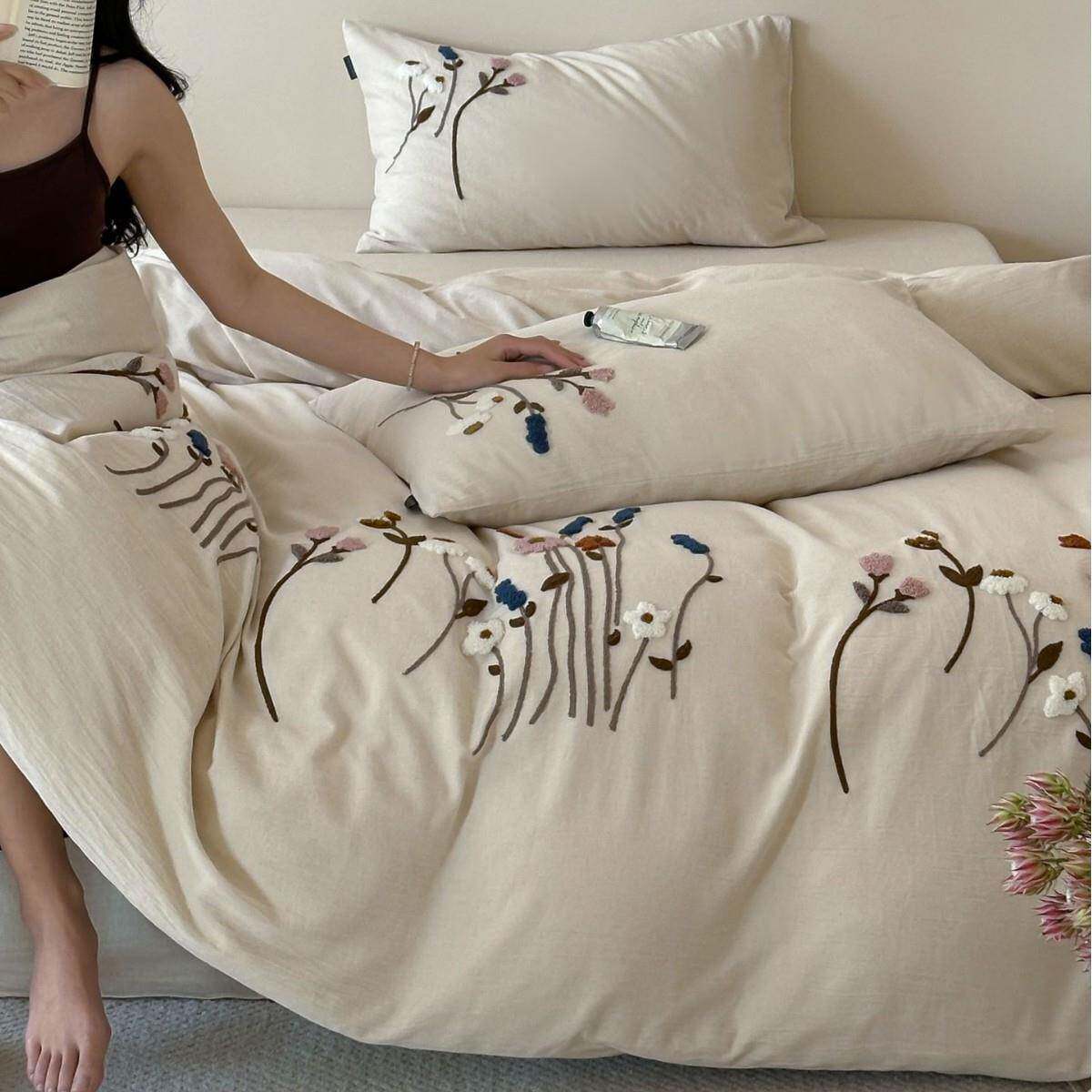 棉麻素雅花朵毛巾刺绣四件套柔软舒适简约少女心被套1.8m床上用品