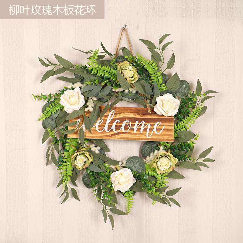 新款人造花玫瑰圈柳叶木板花环仿真玫瑰花环字牌花环摆件门挂,电子元器件市场,其它元器件,淘宝优惠券,粉丝福利购,淘宝优惠卷